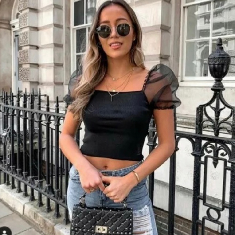 ZARA Womens Black Puff Sleeve Knit Top Sz S